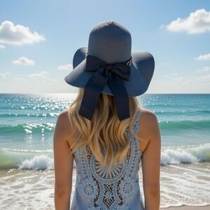 Blue Wide Brim Straw Sun Hat Navy Bow Gold Chain Detail Floppy Boho Resort